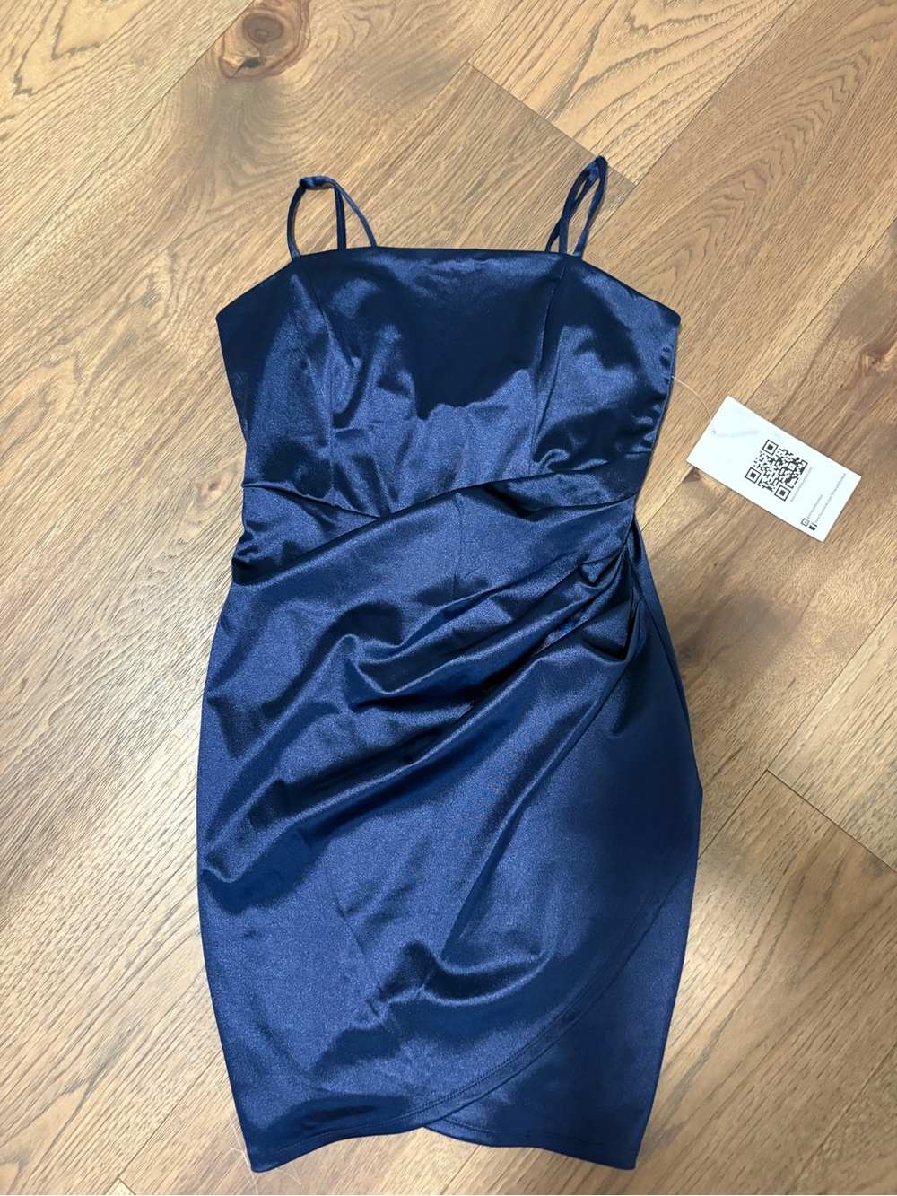 Emerald Sundae Navy Satin Mini Dress with Spaghetti Straps
